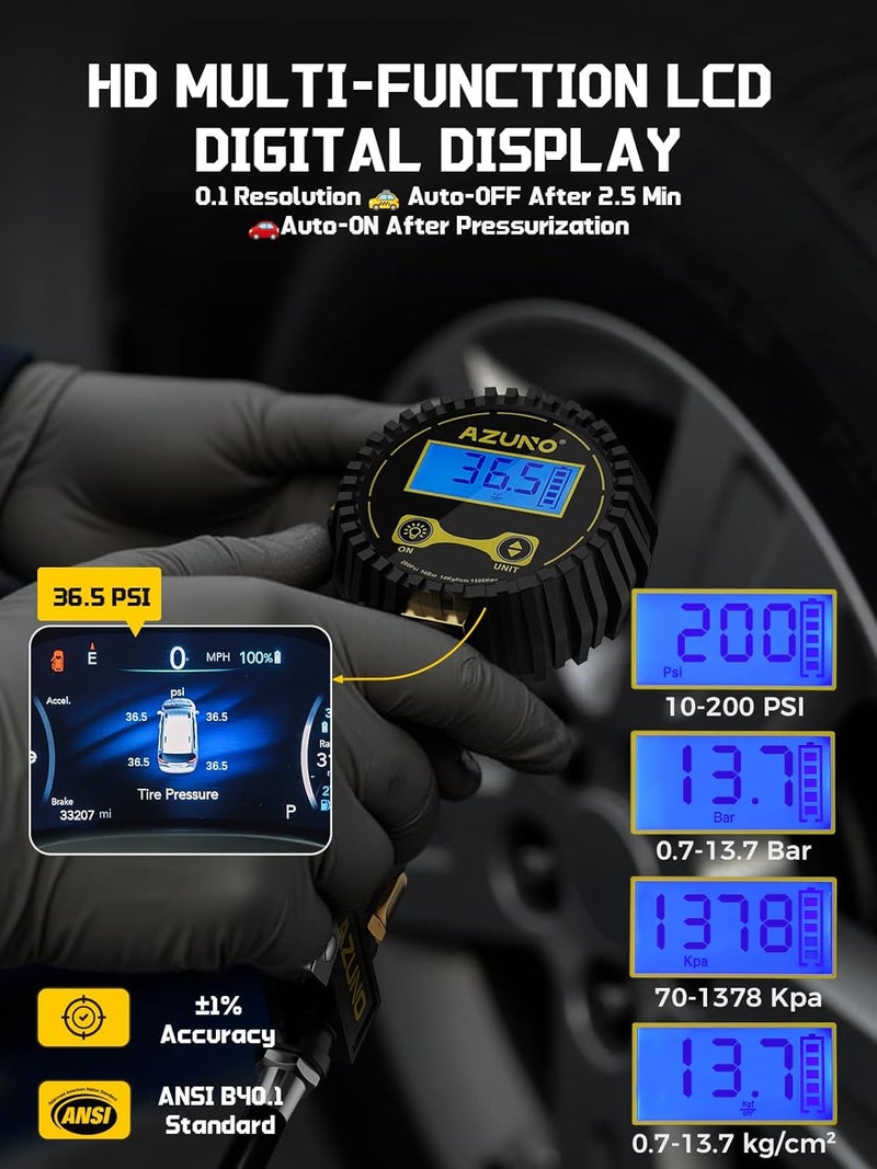 AZUNO Digital Tire Inflator with Pressure Gauge, 200 PSI (0.1 Res) w/LED Flashlight, Heavy Duty Air Compressor Accessories 7pcs Set, w/Lock on Air Dual Head Chuck and 90° Tire Valve - Image 2